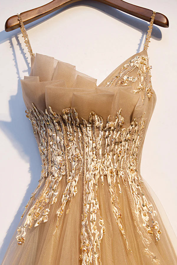 Wholesale Yellow Spaghetti Straps Lace Long Prom Dress A-Line Evening Party Dress